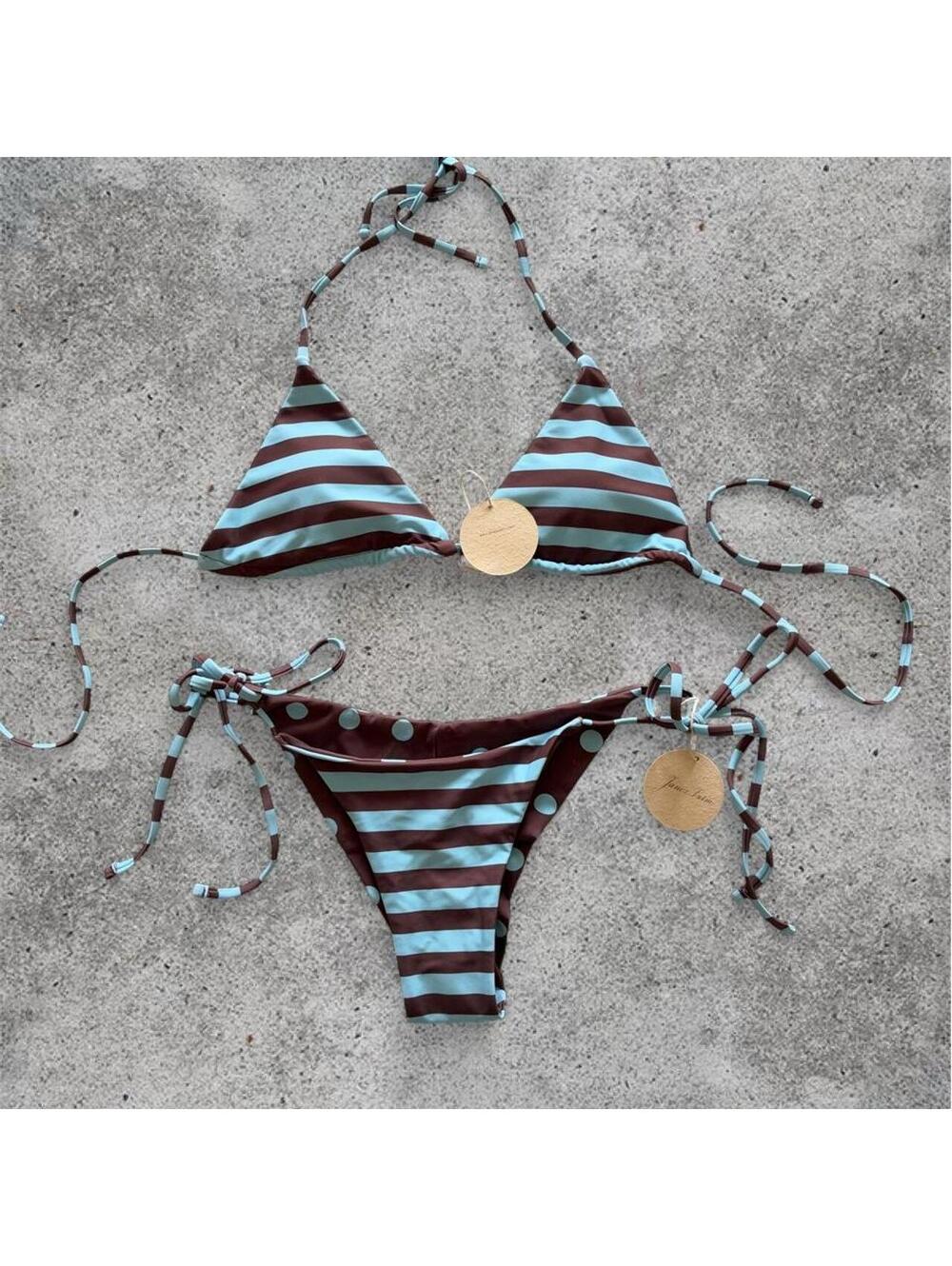 Brown and blue polka dots/stripes reversible bikini set by janexswim